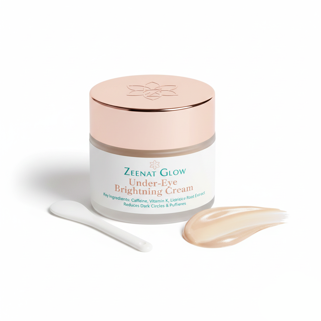 Zeenat Glow Caffeine Under Eye Brightening Cream. Best solution for dark circles and reducing puffiness.