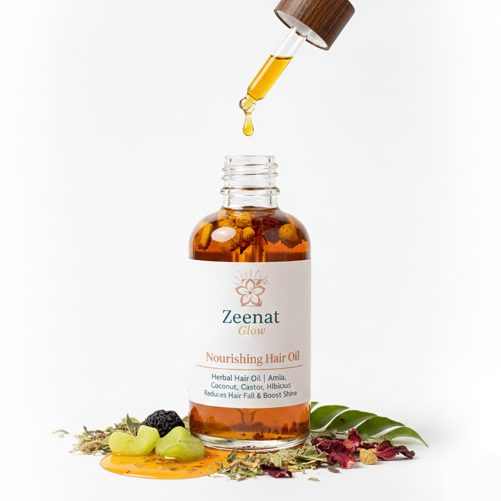Zeenat Glow Amla and Coconut Nourishing Hair Oil. Herbal pre-wash treatment for reduced hair fall and strength in Pakistan.