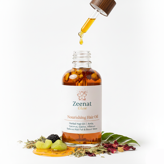 Zeenat Glow Amla and Coconut Nourishing Hair Oil. Herbal pre-wash treatment for reduced hair fall and strength in Pakistan.
