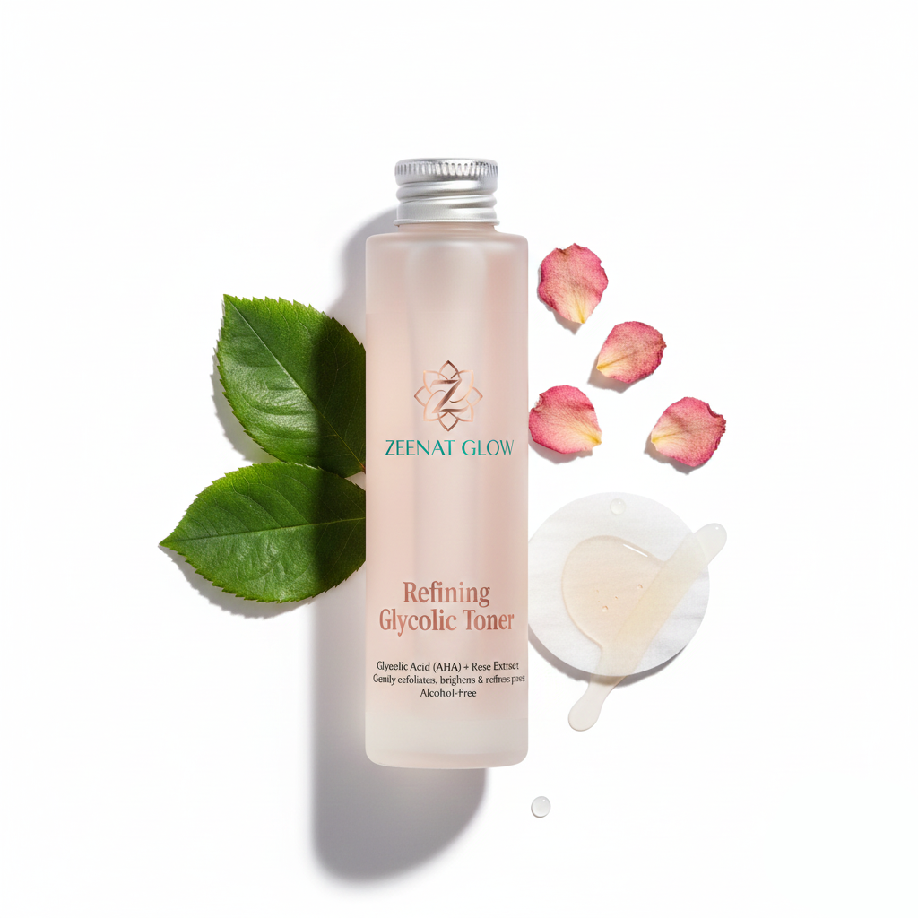 Zeenat Glow Glycolic Acid Toner. Exfoliating AHA toner for smoother skin texture and pore reduction.