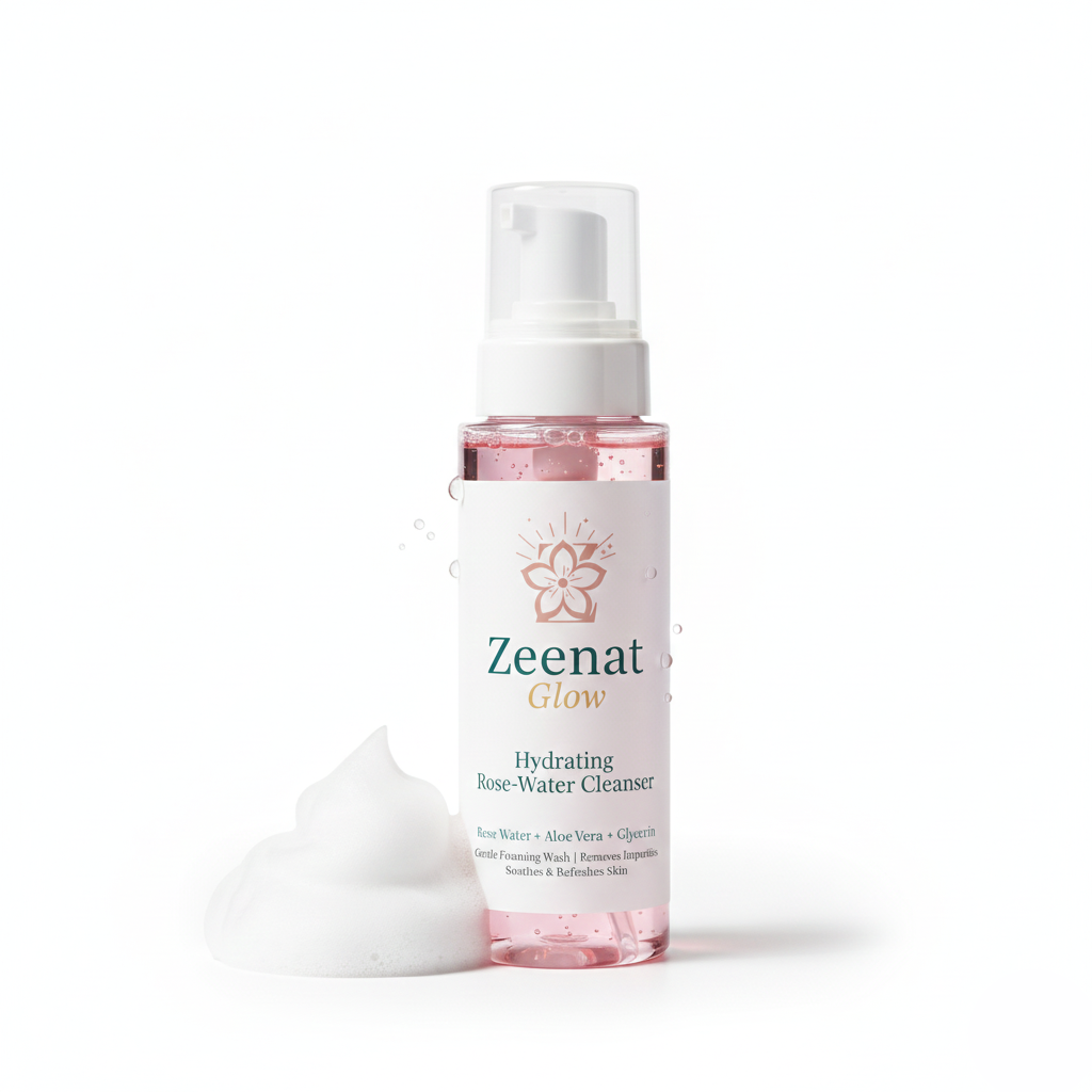 Zeenat Glow Hydrating Rose Water Cleanser. Gentle face wash for daily skincare routine in Pakistan.