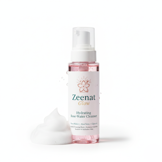 Zeenat Glow Hydrating Rose Water Cleanser. Gentle face wash for daily skincare routine in Pakistan.