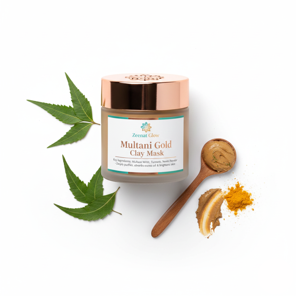 Zeenat Glow Multani Mitti Clay Mask. Turmeric and Neem purifying face mask for oil control and acne-prone skin.