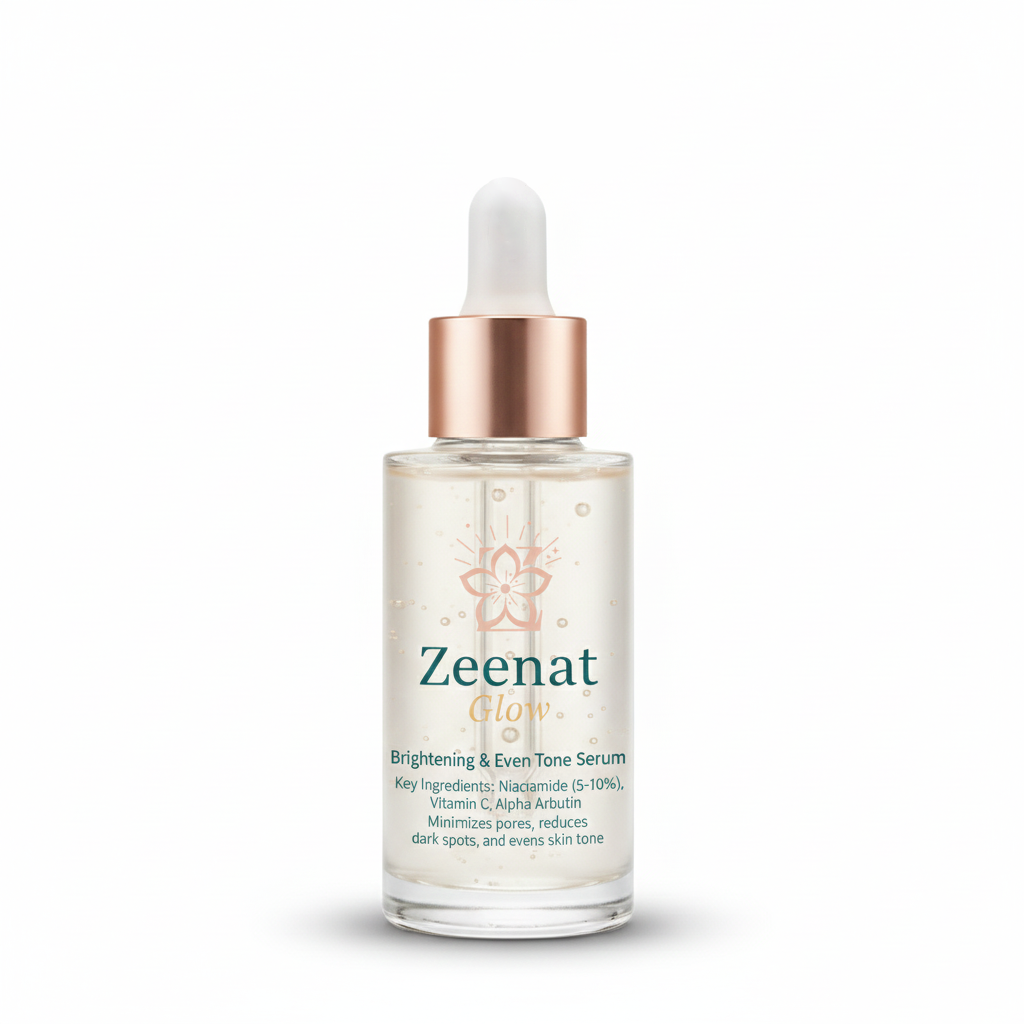 Zeenat Glow Niacinamide Vitamin C Brightening Serum. Best Pakistani skincare for dark spots and even tone.
