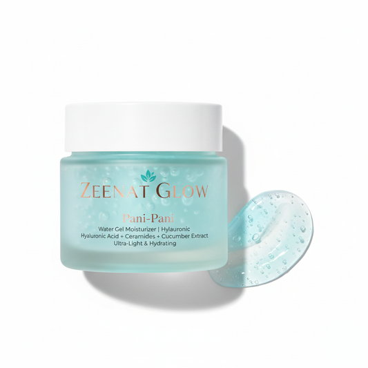 Zeenat Glow Pani Pani Water Gel Moisturizer. Oil-free hyaluronic acid gel for humid weather and oily skin.