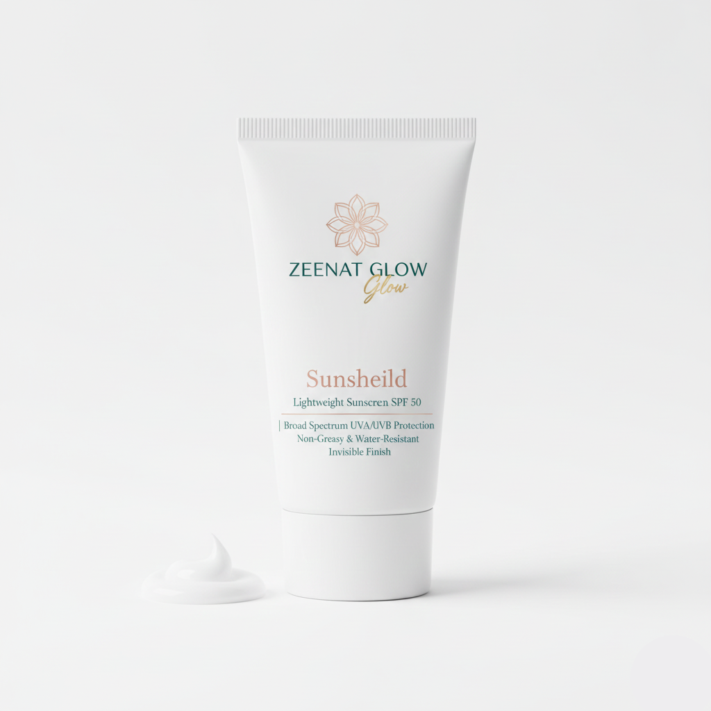 Zeenat Glow Sunsheild SPF 50 Lightweight Sunscreen. Non-greasy, zero white cast sunblock for Pakistani skin.