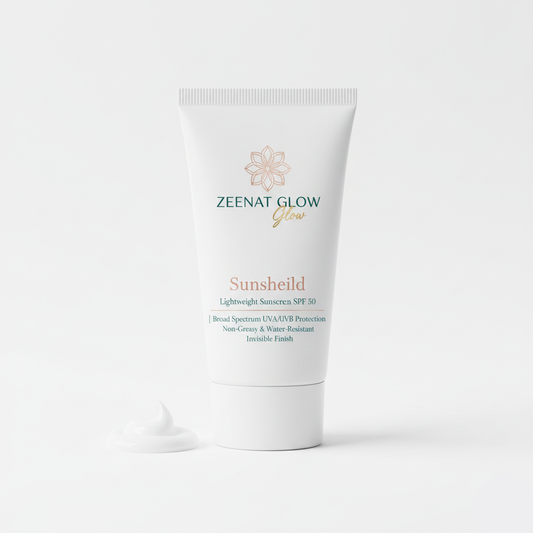 Zeenat Glow Sunsheild SPF 50 Lightweight Sunscreen. Non-greasy, zero white cast sunblock for Pakistani skin.
